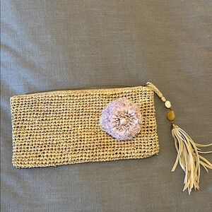 Woven Tan Clutch with Pink Flower Accent